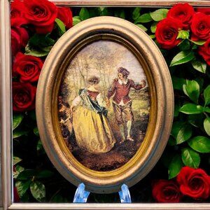"Pastoral Leisure" By Jean-Antoine Watteau Italy Gold Oval Frame Victorian